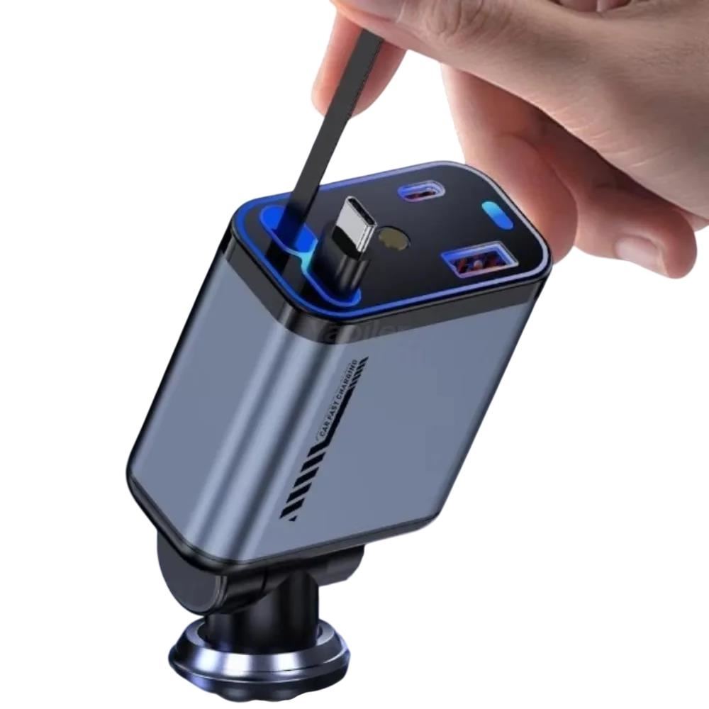 Cargador Rápido 100W de Doble Cable Tipo IOS y C retrátil para Auto con Proyección de Luz Ambiental